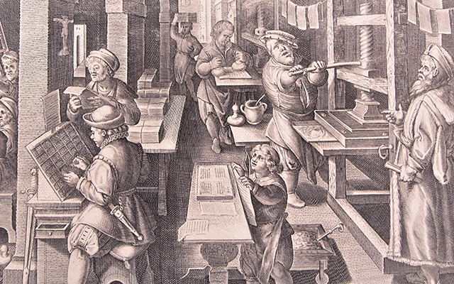 Black-and-white art of an early printing press