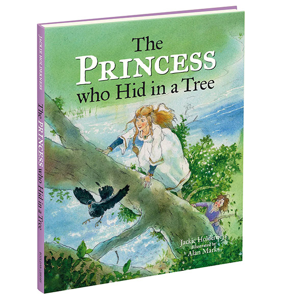 Photograph of a book cover: a colourful illustration of a girl in a white dress hiding in a tree