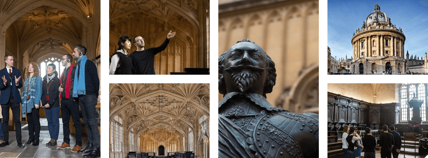 Six images of library group tours, including groups being shown rooms in the Bodleian Library, an external view of the Radcliffe Camera, and an image of a statue
