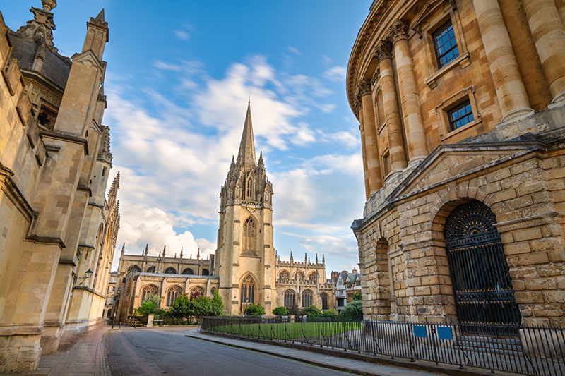 An exterior view of Radcliffe Square, including the University Church and the side of the Radcliffe Camera