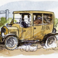 Illustration of Toad of Toad Hall driving an old-fashioned car
