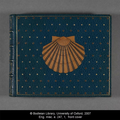 Ornate inlaid leather book cover showing a shell on a navy background