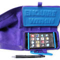 A purple "bookbinding" encasing a smartphone. It is open and - embossed on blue on the inside case cover - are the words "enquire within"