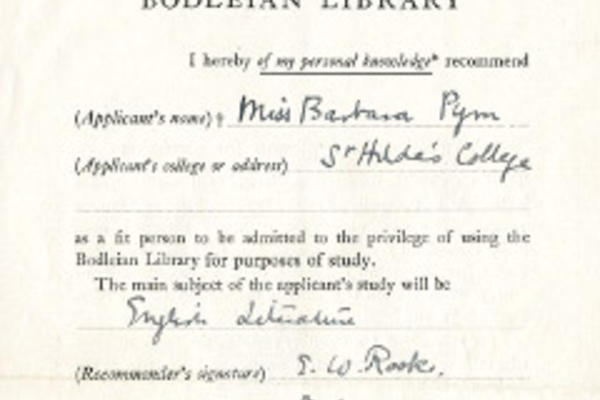 Written recommendation to the Bodleian Library for Barbara Pym
