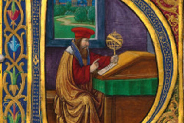 Colour illustration of man reading book inside letter 'D'