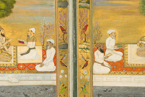 An illustration in gold and blue