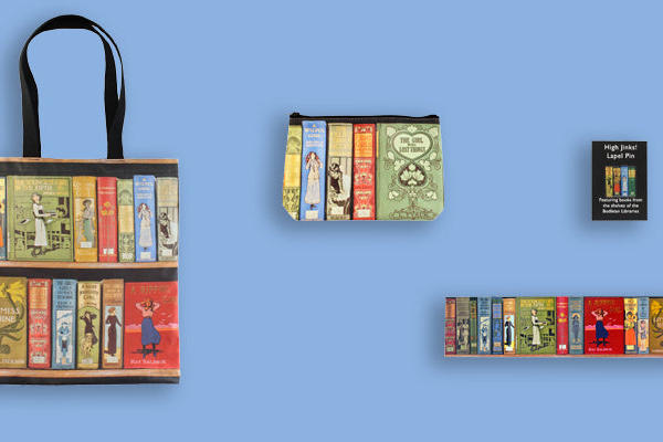 A selection of book-themed bags, purses and pencil cases against a blue background
