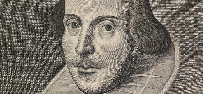 A black and white drawing of Shakespeare from the title page of the First Folio