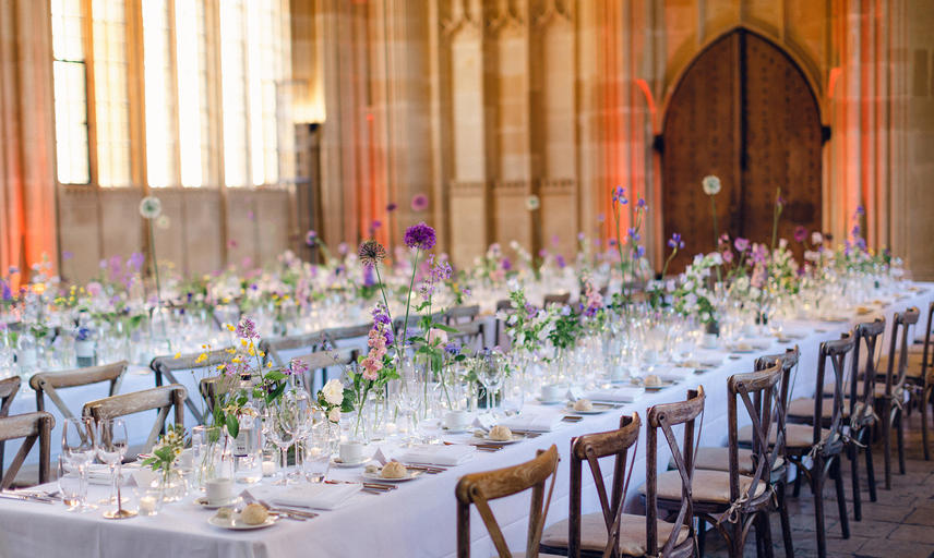 A simple table decoration with wild flowers in the Divinity School at the Bodleian Library