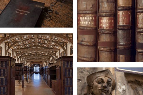 Composite image: spines of old books and interior of Duke Humfrey's Library