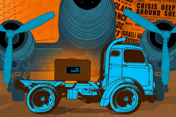 A cartoon of a suitcase on a trolley in front of a airplane. There is a label on the suitcase that says 'To Zurich'