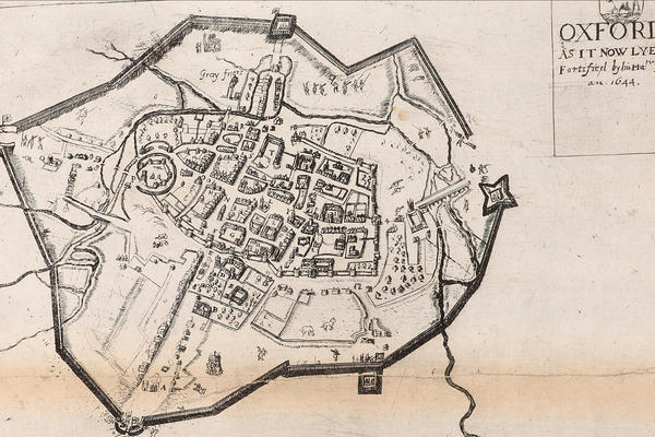 A map from 1644 showing the city of Oxford as it was then surrounded by fortifications