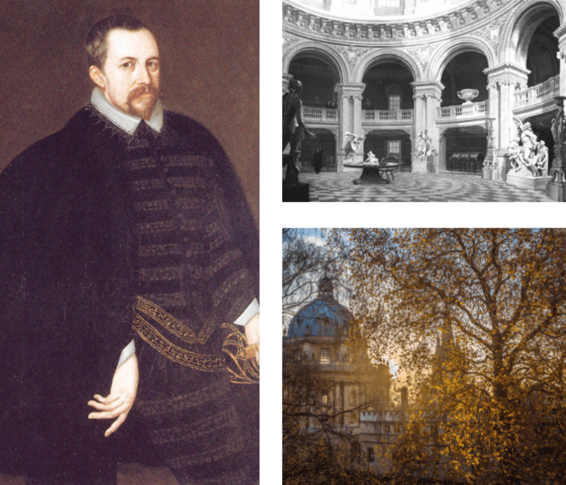 Composite image: painting of Thomas Bodley, old photograph inside Radcliffe Camera and sun setting behind the Radcliffe Camera