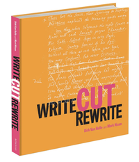 The cover of the exhibition book Write Cut Rewrite - an orange background with the title in large type 
