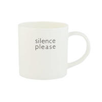 A white mug with the words 'silence please'